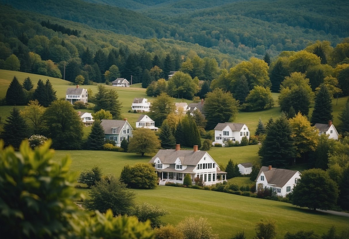 A quaint Vermont landscape with small, charming houses nestled among rolling hills and lush greenery