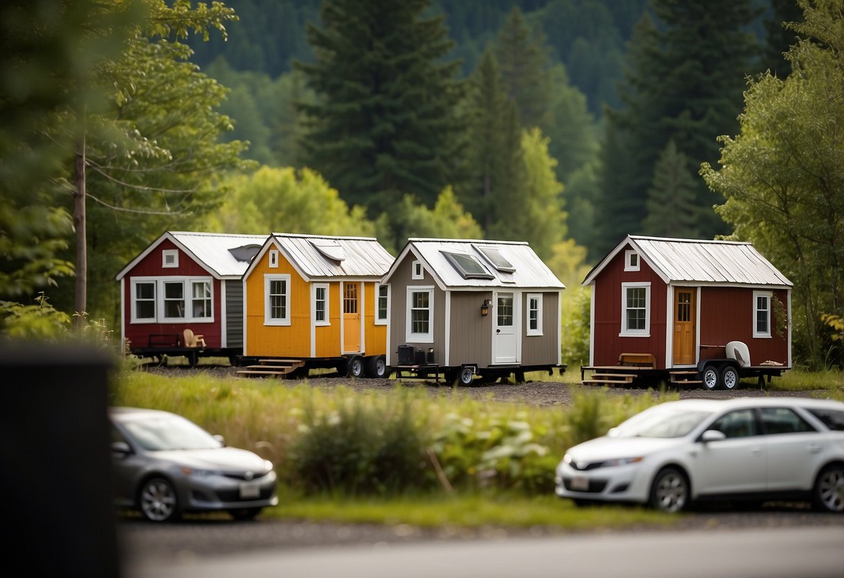 Tiny houses nestled in a picturesque Vermont landscape, with a sign displaying "Legal Tiny Houses" and zoning regulations posted nearby