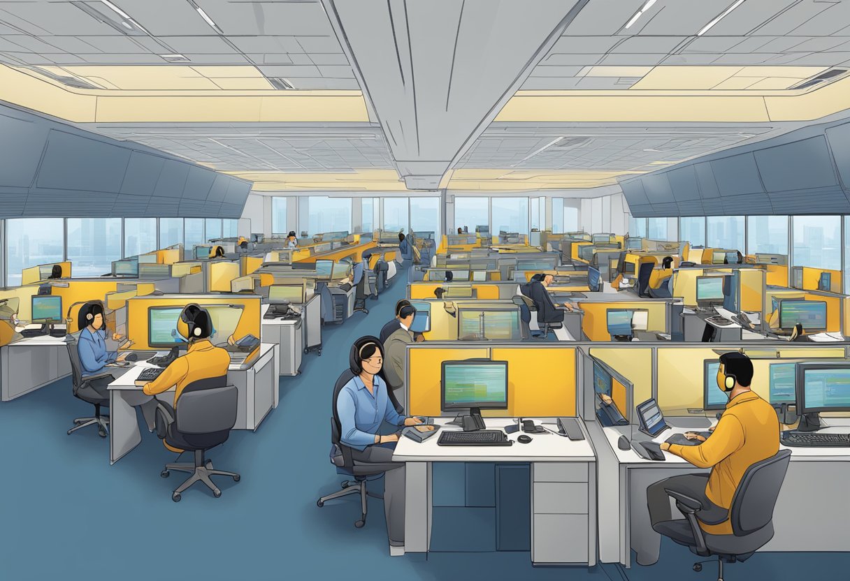 Customers calling Singapore Airlines' 24-hour call center. Headsets on, operators at their desks, answering questions