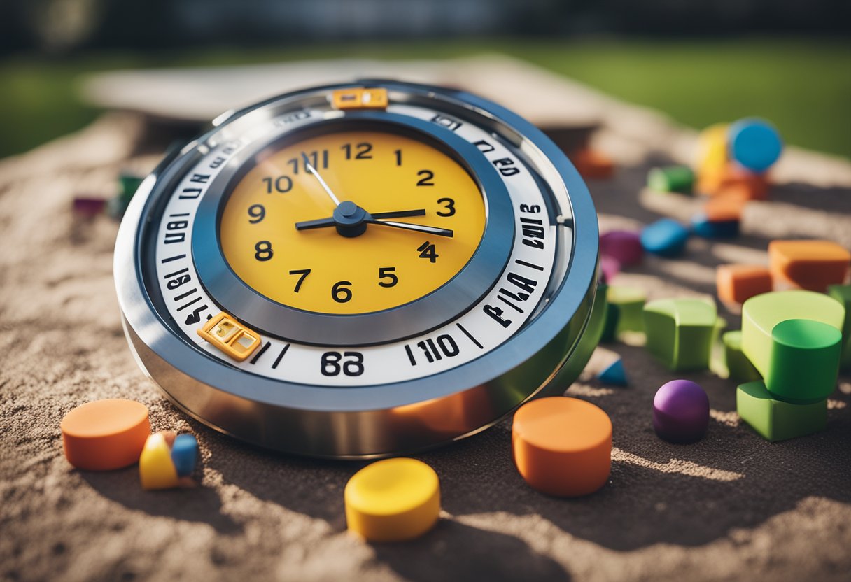 A colorful clock with a "screen time" dial and an "offline activities" dial. Children playing outside, reading, and doing crafts in the background