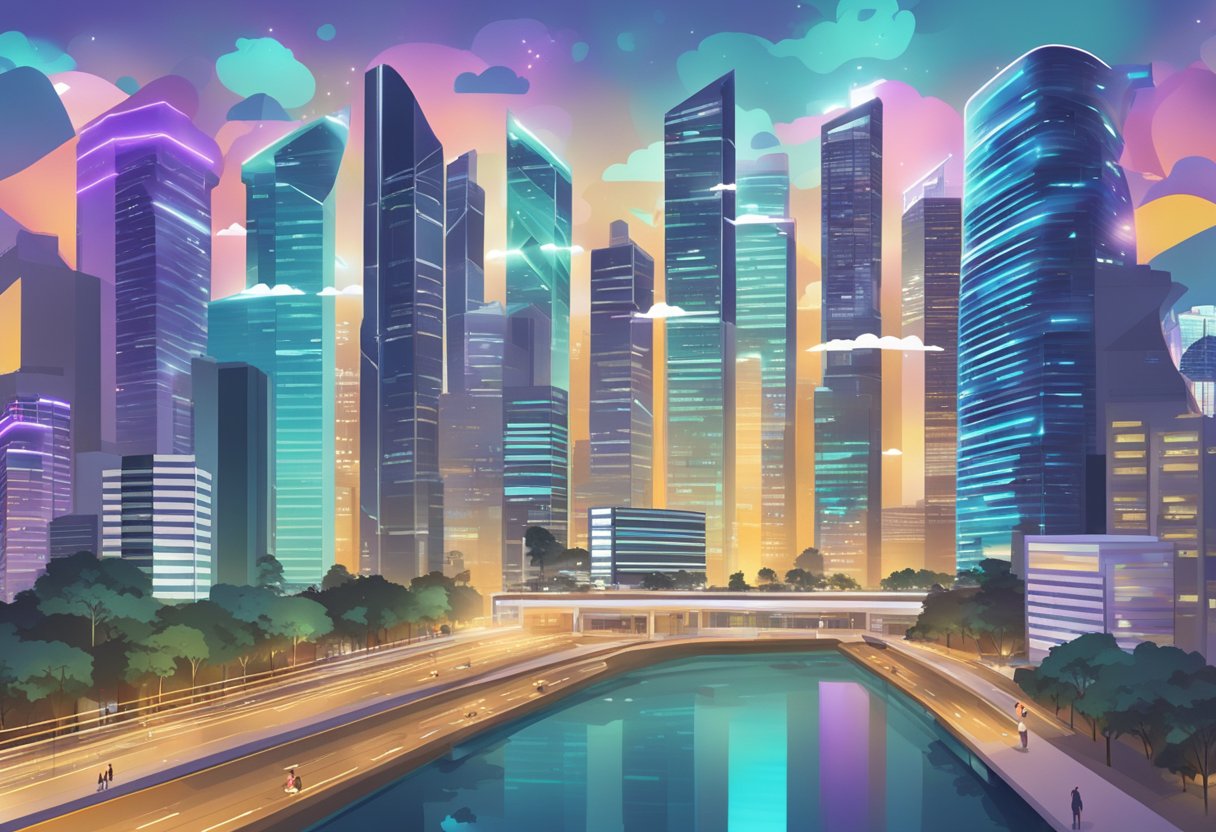 A bustling Singapore cityscape with digital currency symbols floating above financial buildings