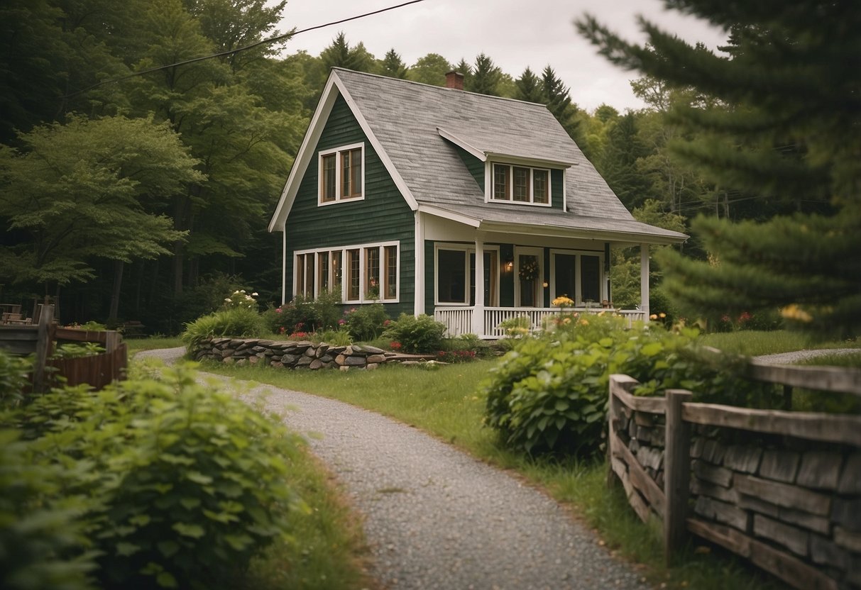 A small, quaint house nestled in the green hills of Vermont, with a "Frequently Asked Questions" sign displayed prominently outside