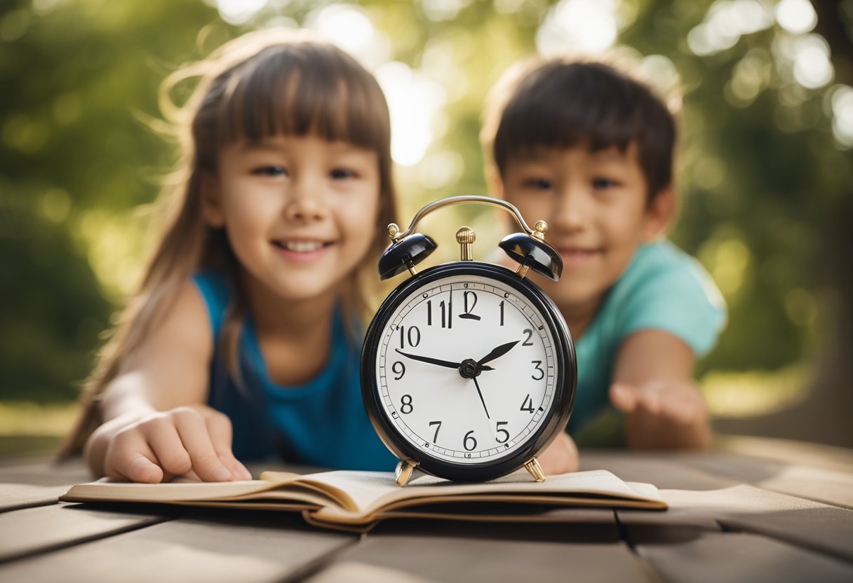 Children engage in outdoor activities, reading, and creative play while limiting screen time. A clock shows a balanced schedule