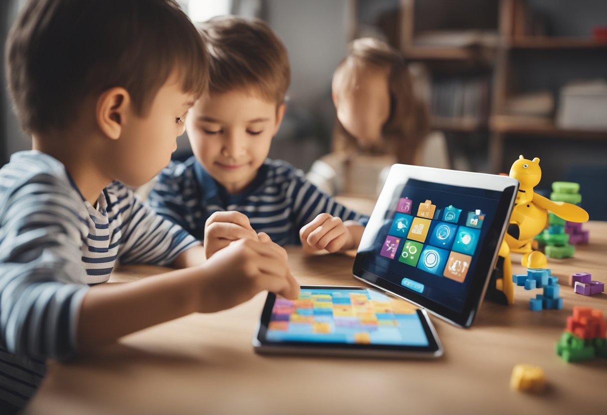 Children playing with toys, drawing, reading books, and doing puzzles. A timer next to a tablet showing limited screen time