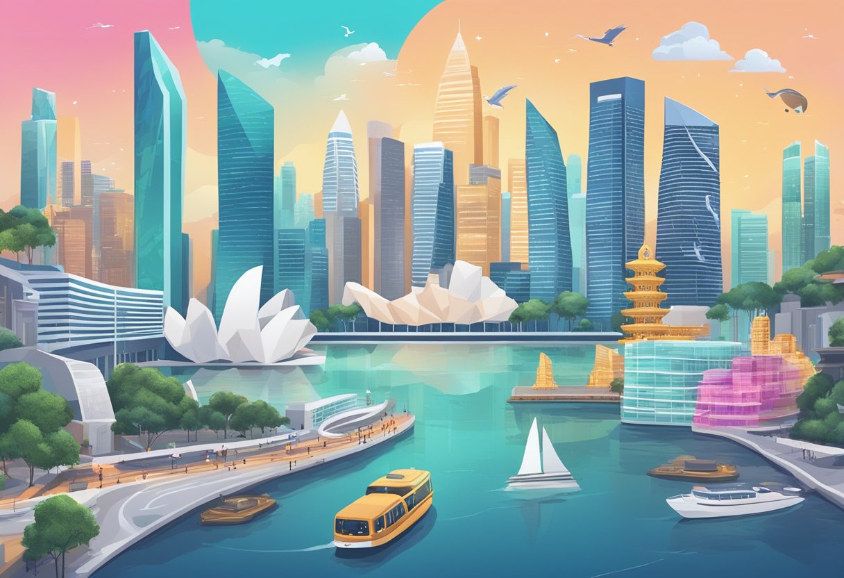 A bustling cityscape with iconic Singapore landmarks, surrounded by digital currency symbols and regulatory documents