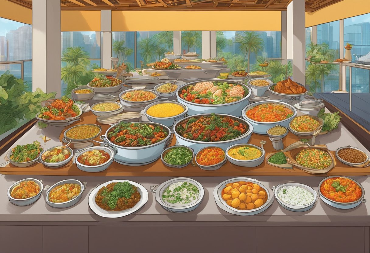 A colorful array of global cuisines fill the long buffet tables, with steaming dishes and tantalizing aromas wafting through the air. Delicate spices and vibrant flavors create a feast for the senses at this international buffet in Singapore