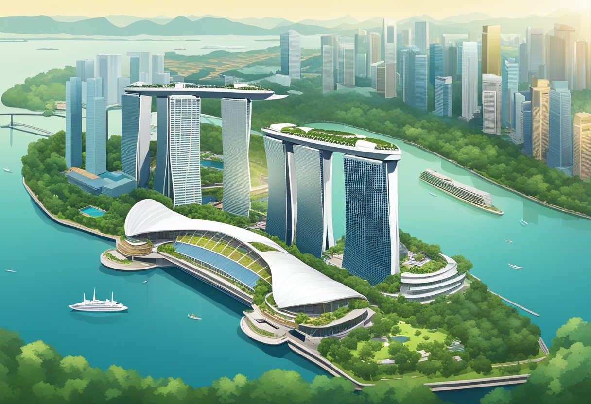 A panoramic view of Singapore's iconic skyline with its modern skyscrapers and the Marina Bay Sands integrated resort, set against a backdrop of lush greenery and the sparkling waters of the Marina Bay