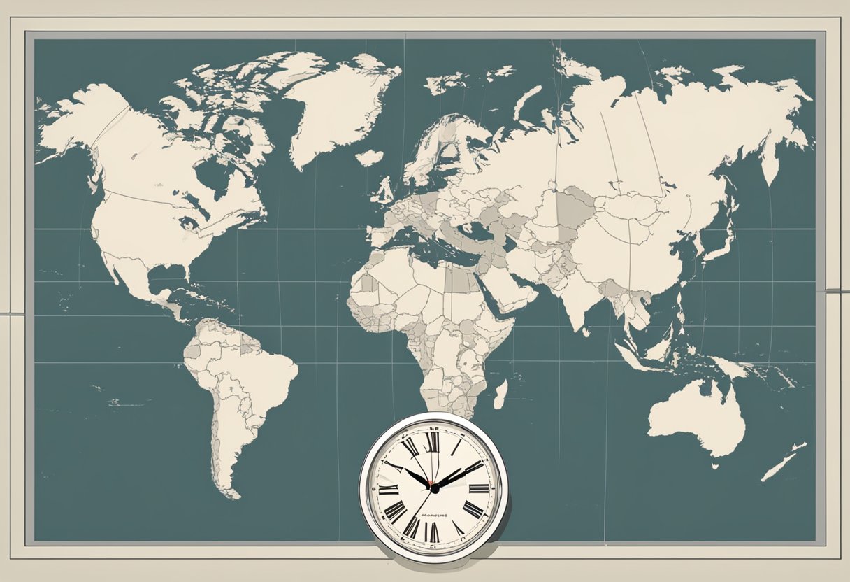 A clock showing 3 PM in Pacific Time and another clock showing 6 AM in Singapore Time, with a world map in the background