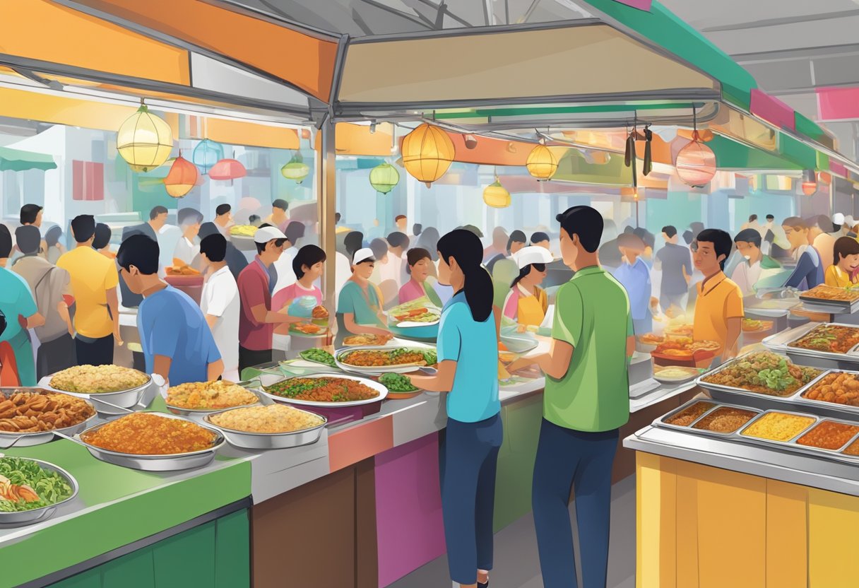 A bustling food stall at a Singapore market, with a colorful array of halal dishes on display and customers eagerly lining up to sample the cuisine