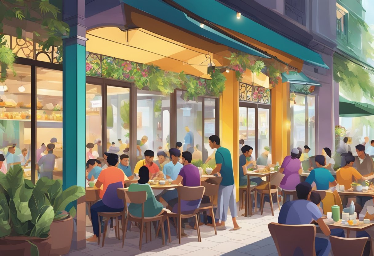 A bustling halal cafe in Singapore, with colorful decor, aromatic food, and happy customers enjoying their meals