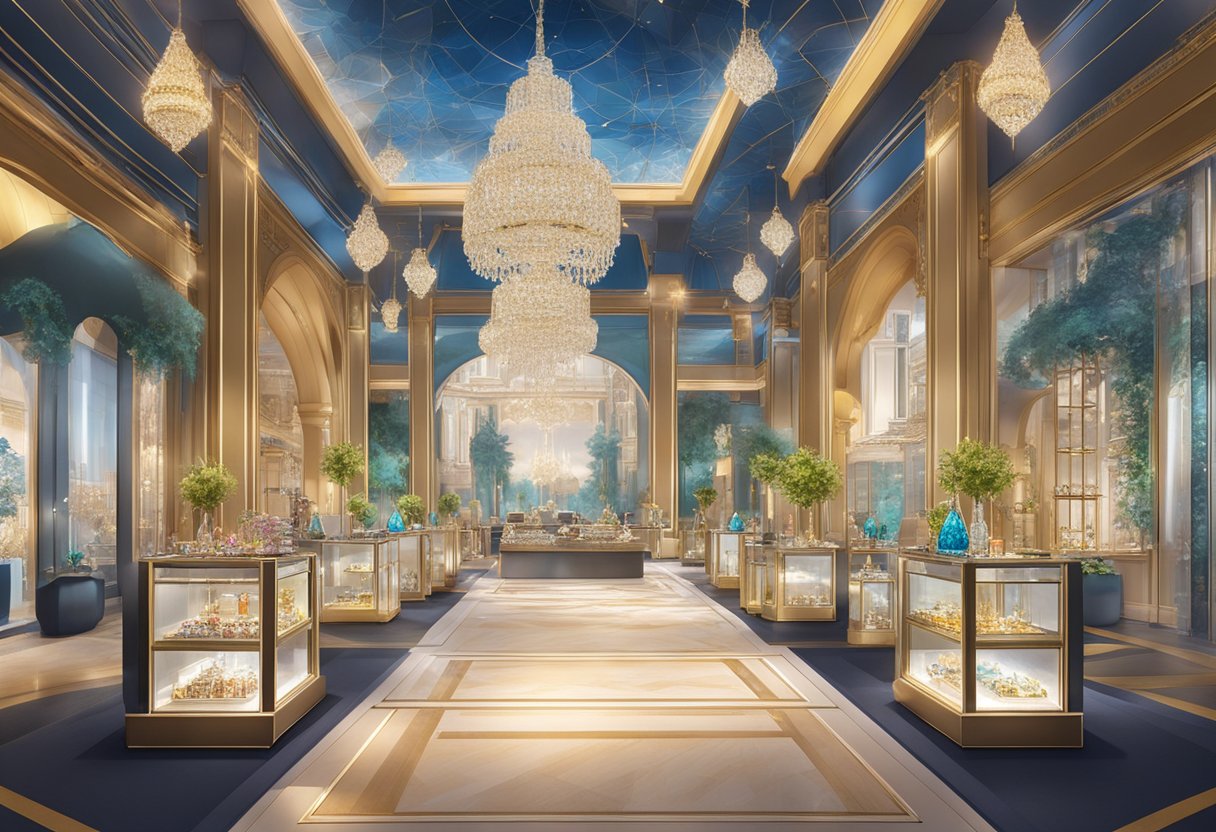 A display of sparkling jewelry in Singapore, with vibrant gemstones and intricate designs, set against a backdrop of modern and luxurious surroundings