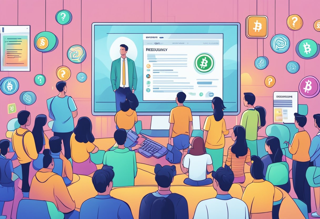 A group of people gathered around a digital screen displaying "Frequently Asked Questions" about Singapore cryptocurrency