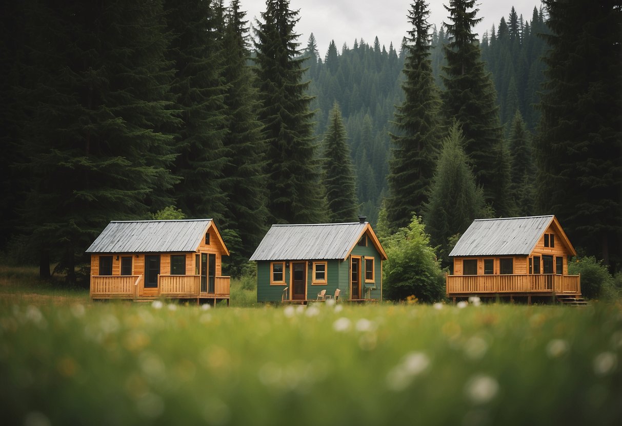 Tiny houses dot a lush green landscape in Washington, nestled among towering trees and surrounded by a serene, natural setting