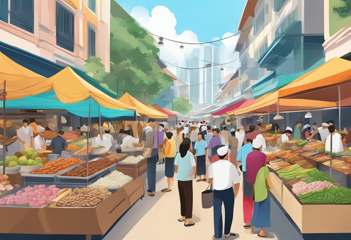 A bustling Singapore street market with colorful stalls offering various halal catering options, from aromatic grilled meats to fragrant rice dishes