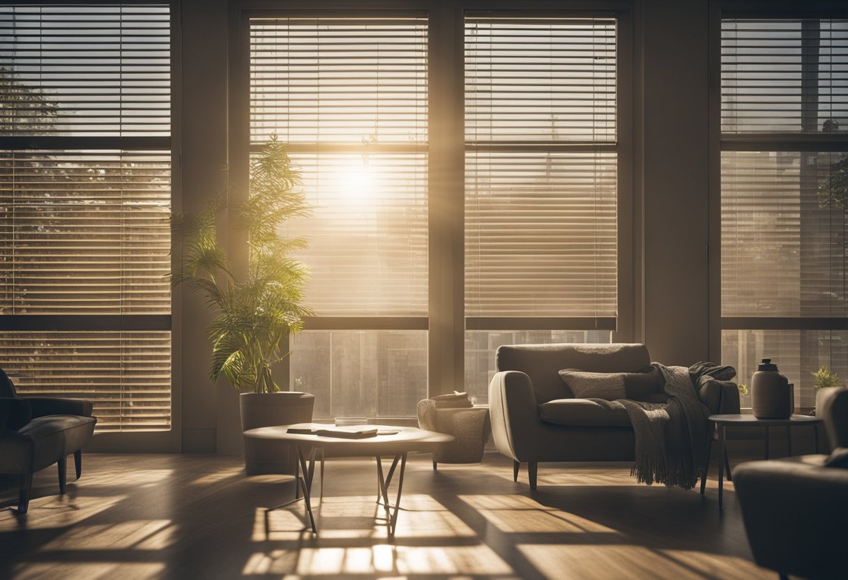 A room with closed blinds and curtains, dust and dirt visible. Cleaning supplies nearby. Sunlight streaming through the window