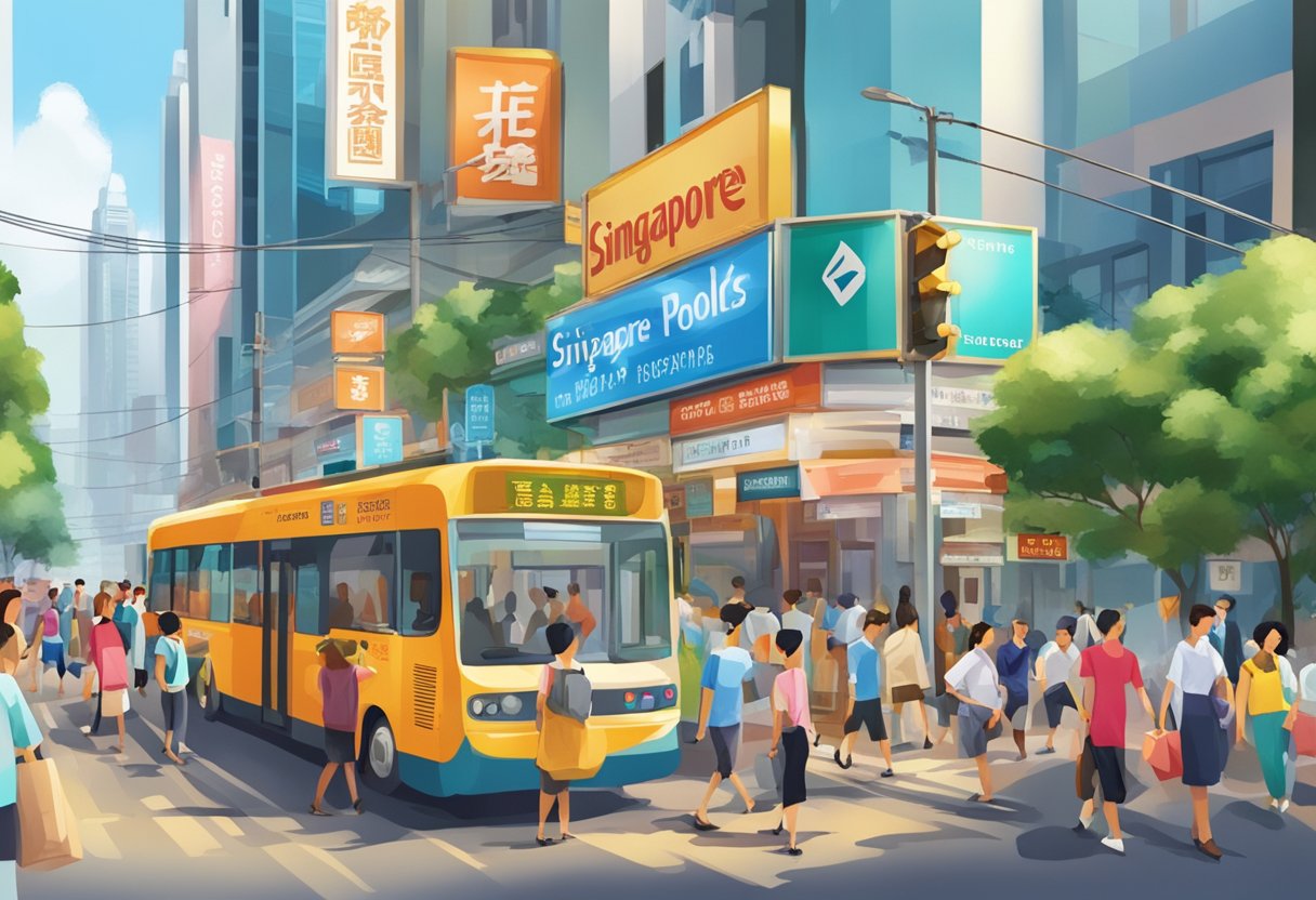 A bustling street corner with a bright, colorful sign for "Singapore Pools" surrounded by busy pedestrians and vibrant city life
