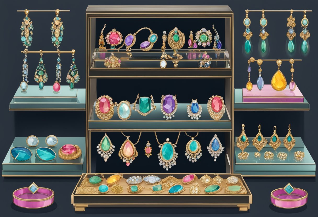 A display of various jewelry types in Singapore, including intricate necklaces, sparkling earrings, and ornate bracelets, arranged on velvet-lined trays and glass shelves