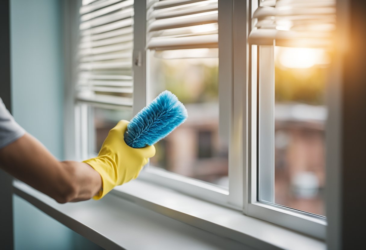 A hand holding a duster, cleaning the blinds and curtains with precision and efficiency. Dust particles are being removed, leaving the surfaces clean and spotless