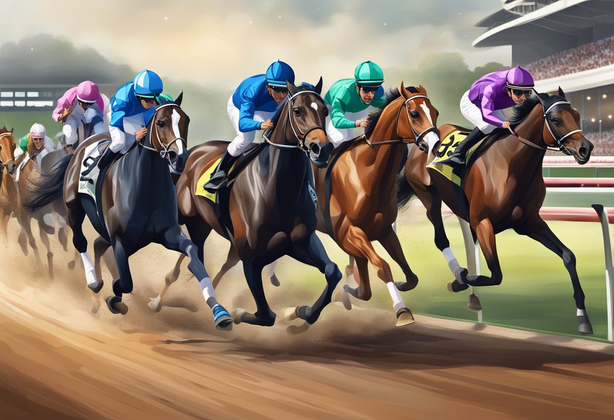A group of sleek, powerful horses thunder down the track, their muscles rippling as they race towards the finish line at the Singapore horse racing track