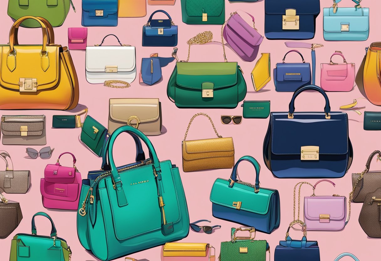 A colorful display of Marc Jacobs collections, featuring sleek handbags, stylish footwear, and trendy accessories