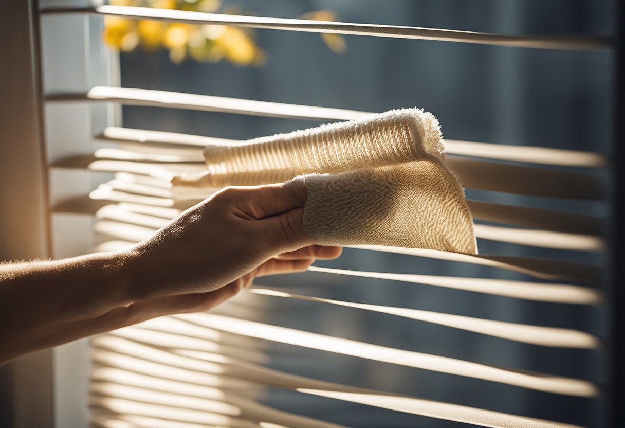 A hand holding a duster cleaning a dusty set of blinds. A vacuum cleaner and a damp cloth nearby. Sunlight streaming through the window