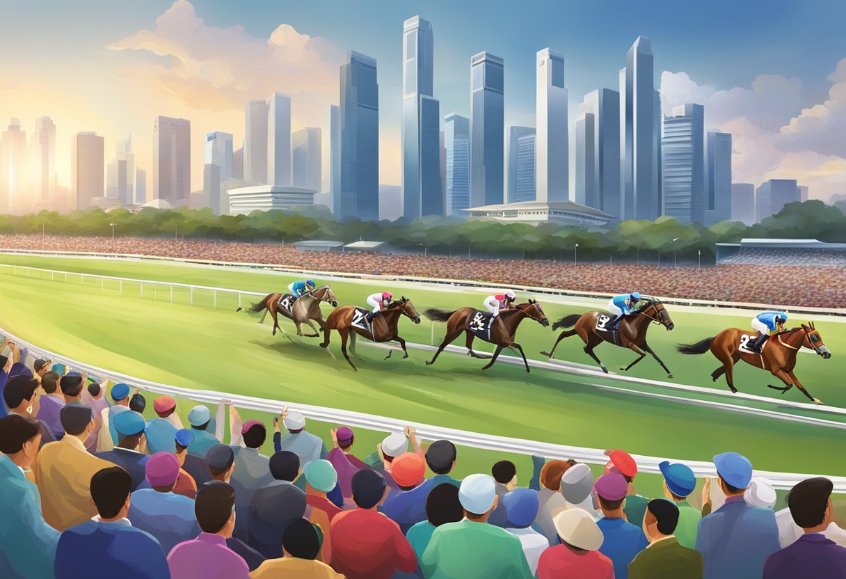 Horses galloping around the track, jockeys in colorful silks, spectators cheering, and the Singapore skyline in the background