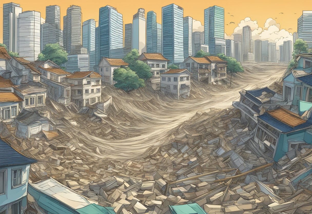 The ground ripples as buildings sway and crumble in a chaotic dance, while terrified citizens flee the destruction caused by historical earthquakes in Singapore