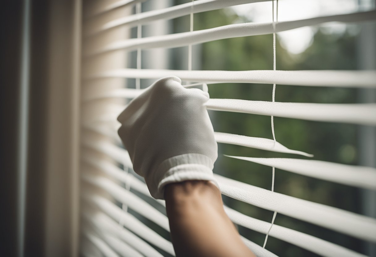 A hand holding a damp cloth wipes down dusty blinds while a vacuum cleaner sucks up debris from curtains