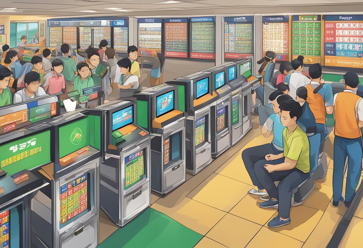 Customers choosing from various betting options, with signs promoting responsible gaming, at the nearest Singapore Pools outlet