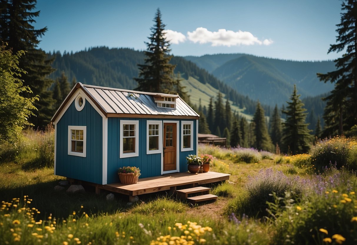 A tiny house nestled in a lush Washington State landscape, with a clear blue sky above, surrounded by legal documents and regulations