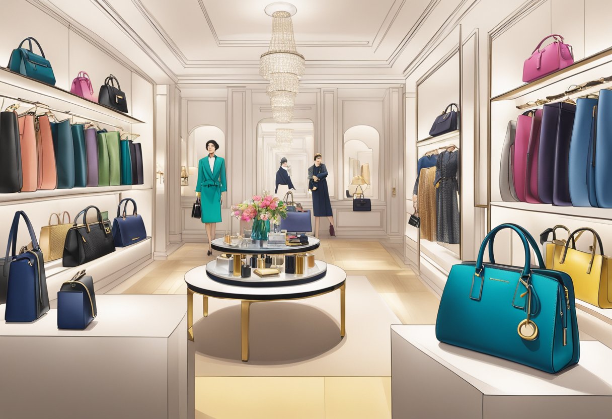 A vibrant display of luxury handbags and accessories at Marc Jacobs Singapore, with stylish decor and attentive staff