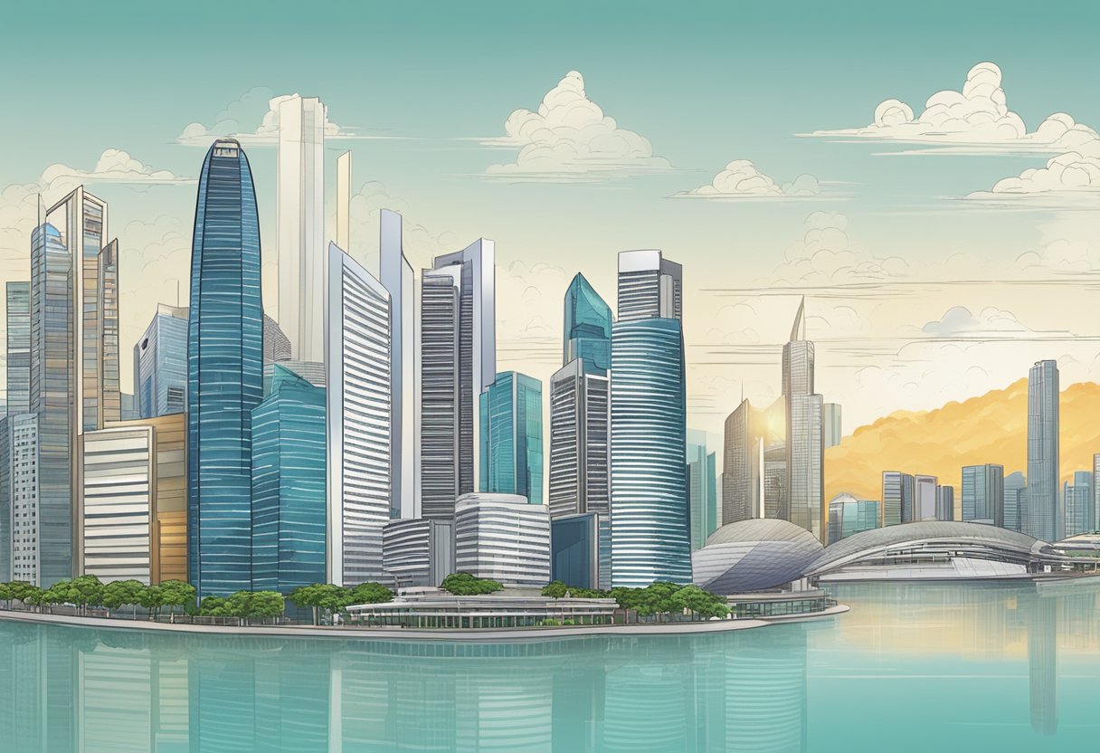 A panoramic view of Singapore's skyline with various bond certificates and financial buildings in the background