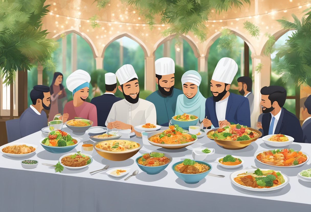 Guests enjoy a variety of halal dishes at a beautifully set event with elegant tableware and vibrant food displays
