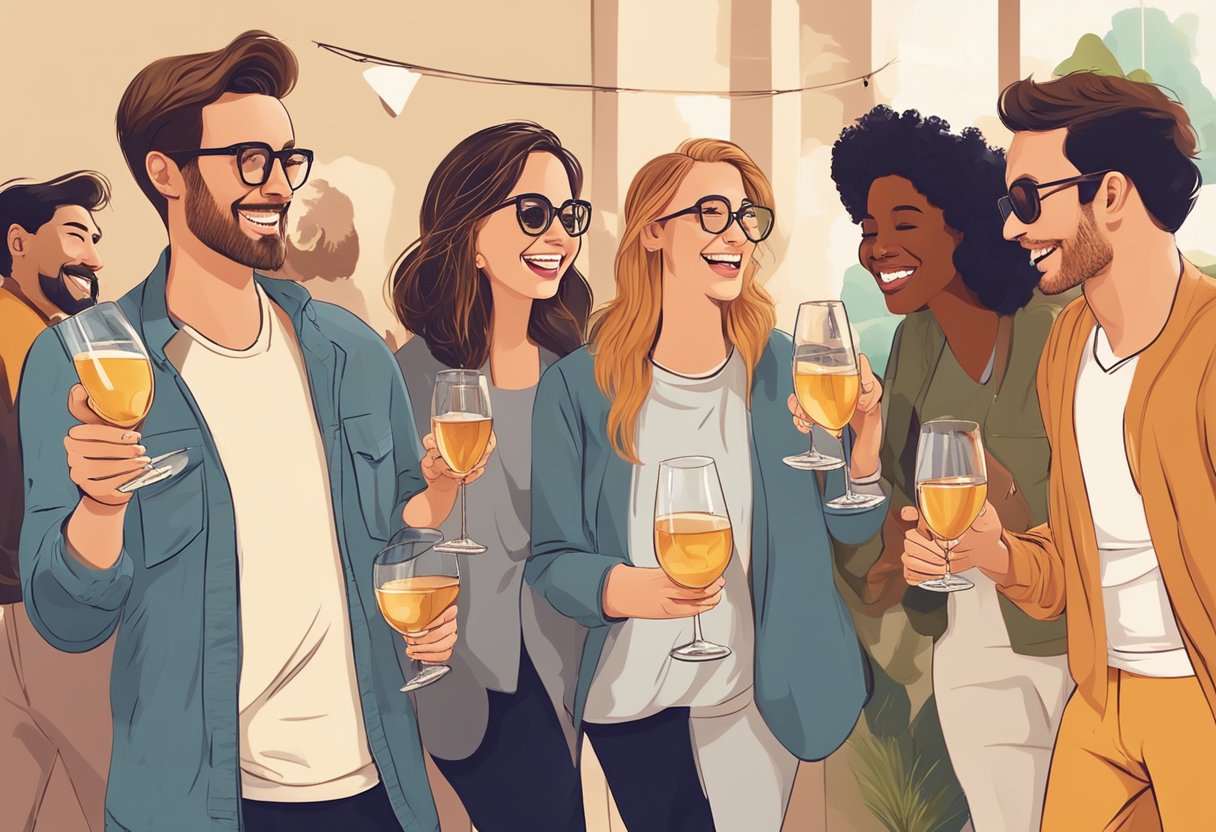 A group of friends enjoying a social gathering, with glasses of alcohol in hand. Laughter and conversation fill the air, creating a warm and inviting atmosphere