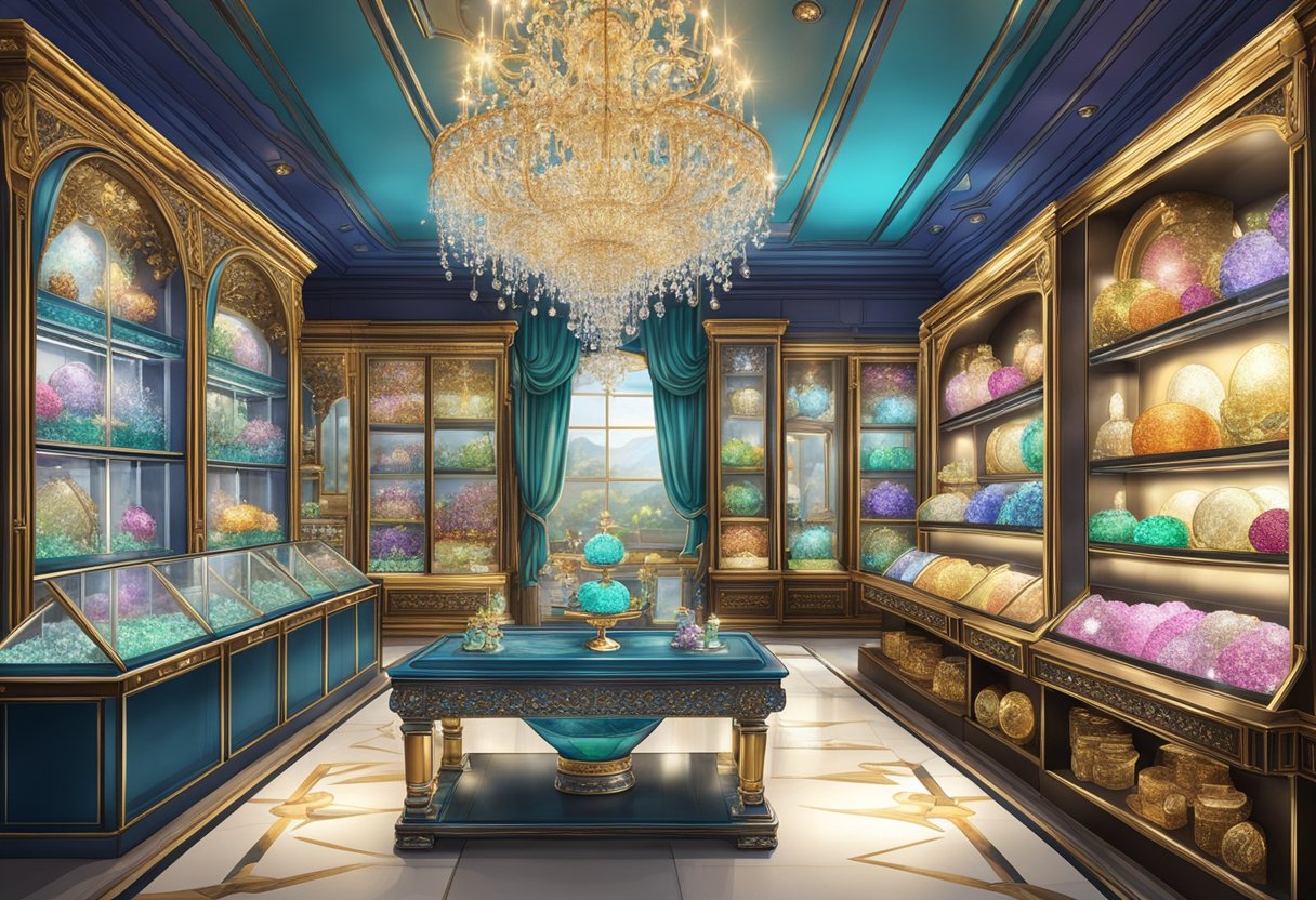A vibrant display of sparkling gemstones and intricate designs, surrounded by elegant glass cases and luxurious decor