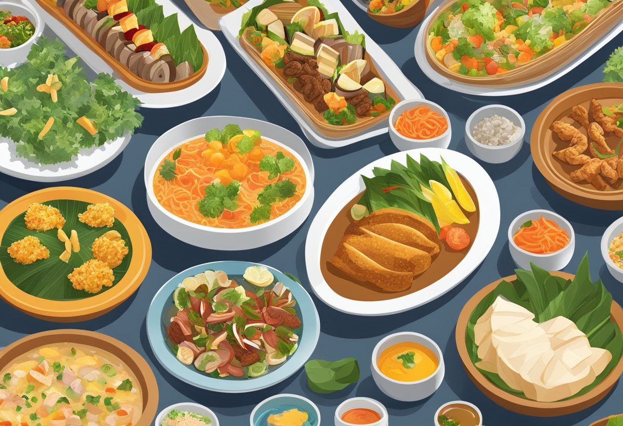 Diverse food displays at a Singapore international buffet, with colorful dishes and exotic flavors