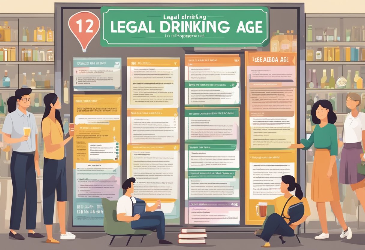A signboard with bold text "Legal Drinking Age in Singapore" and a list of FAQs underneath, surrounded by a diverse group of people