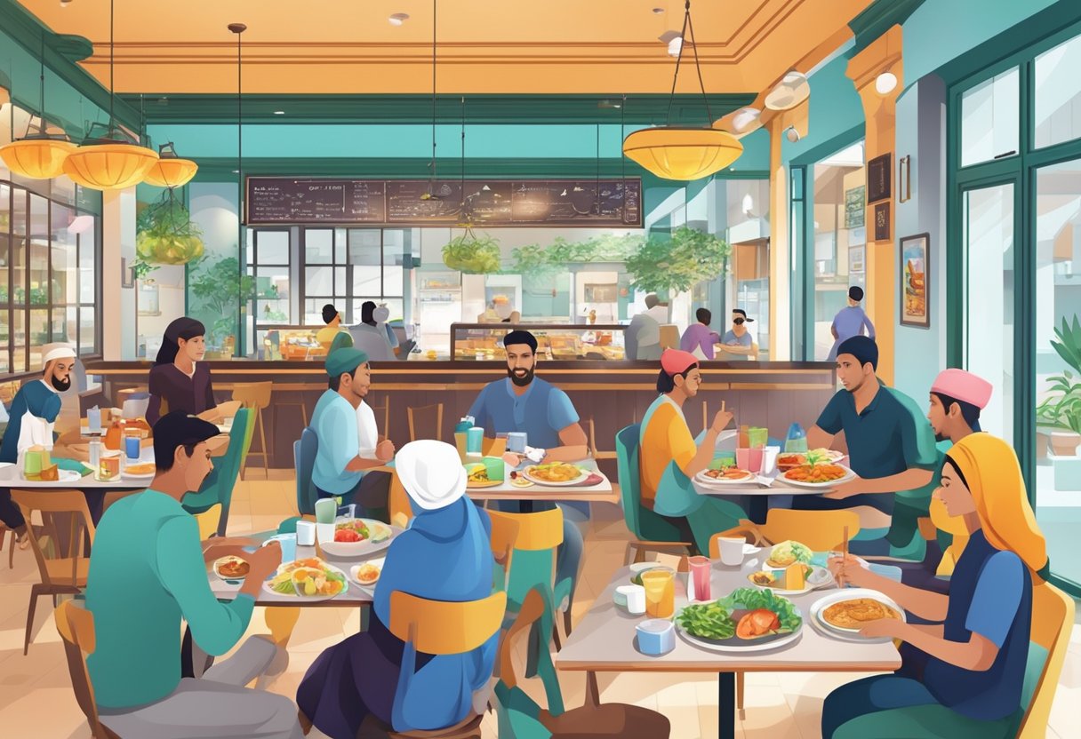A bustling halal cafe in Singapore with colorful dishes and drinks on the tables, customers chatting and enjoying their meals