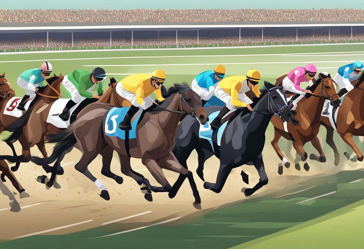Horses racing around a track, with spectators cheering and placing bets, while bookmakers offer tips and strategies for Singapore horse racing