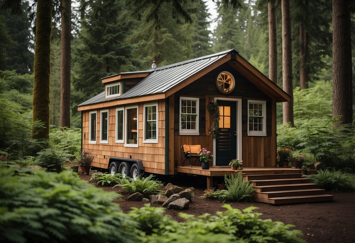A cozy tiny house nestled in the lush greenery of Washington, surrounded by towering trees and a serene natural landscape