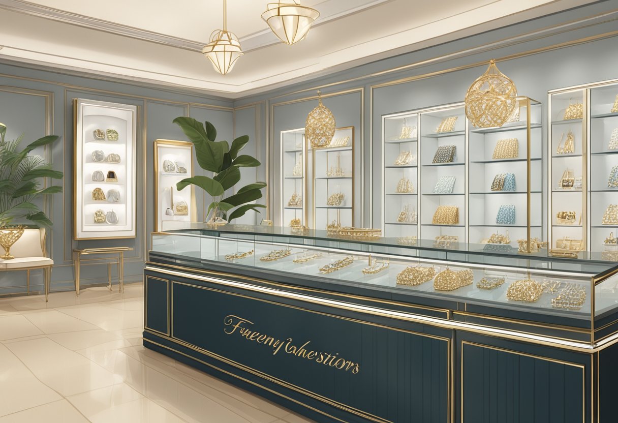 A display of elegant jewellery with a sign reading "Frequently Asked Questions" in a stylish Singaporean shop