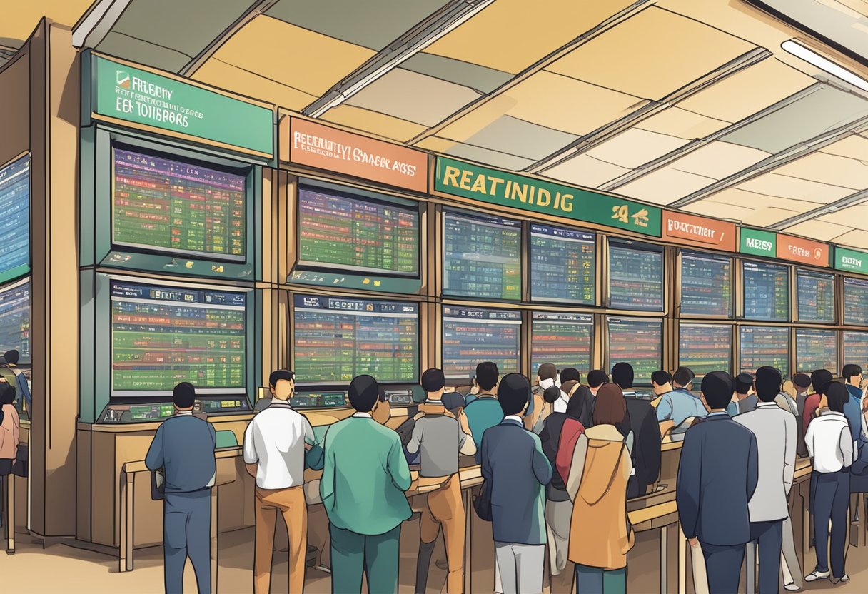 A crowded betting booth with a digital display of "Frequently Asked Questions singapore horse racing tips free" above