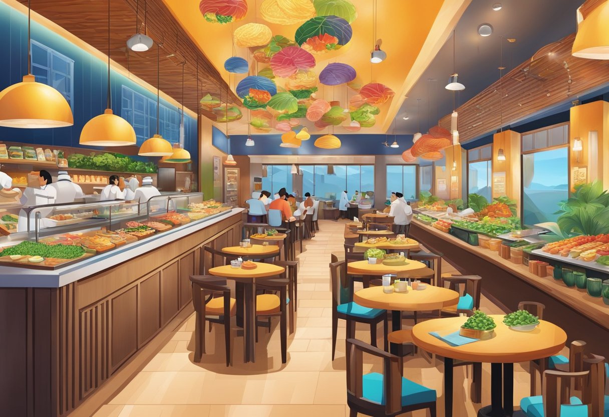 A vibrant display of global cuisines, from sushi to pasta, with colorful decor and bustling atmosphere