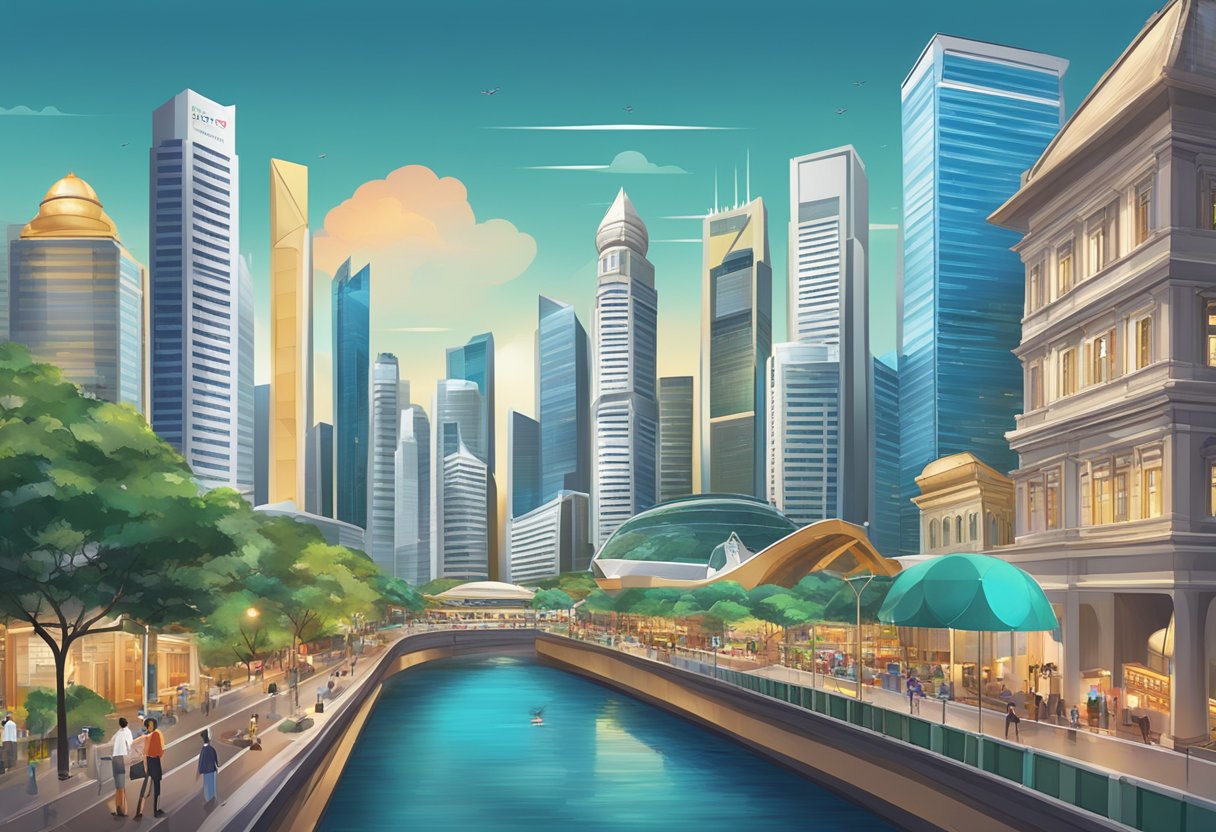 A bustling Singapore cityscape with iconic landmarks, financial district, and a backdrop of the Singapore Bonds logo