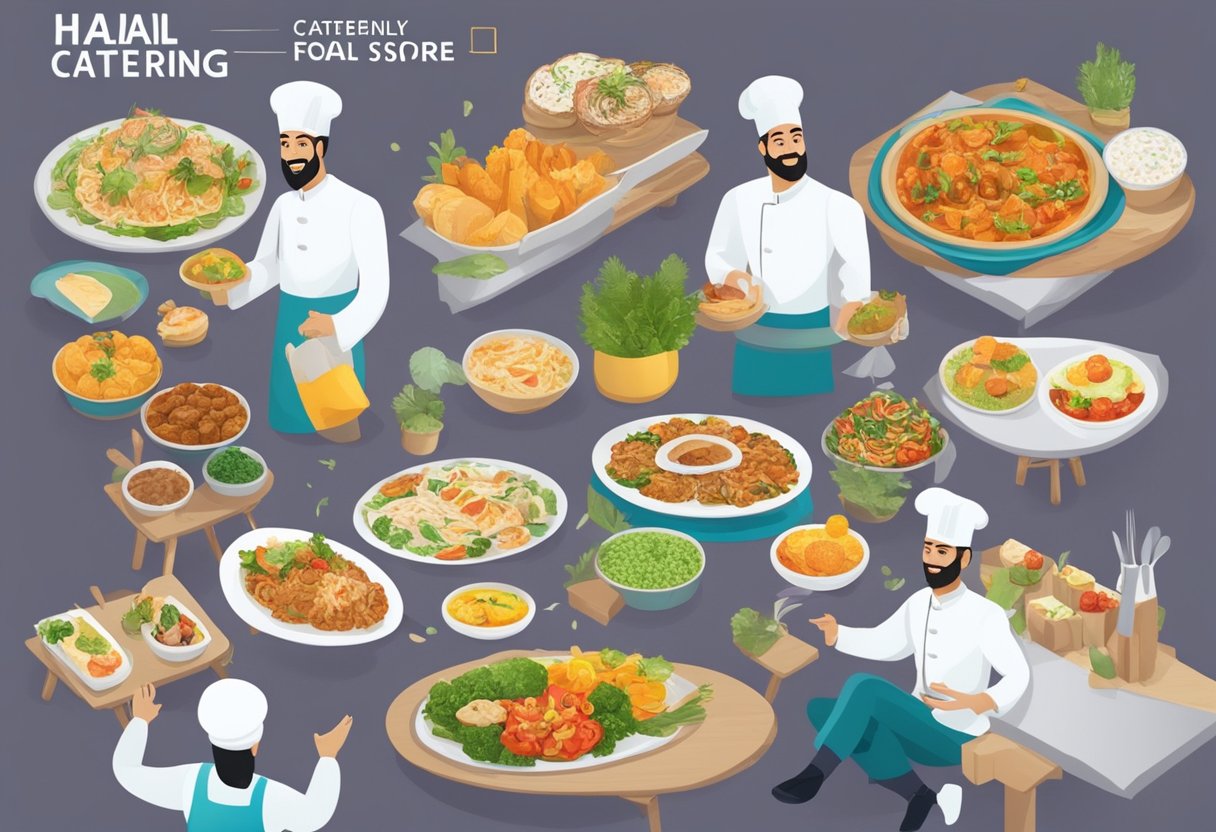 A table with various halal food dishes, a catering staff member answering questions, and a sign that reads "Frequently Asked Questions Halal Catering Singapore."