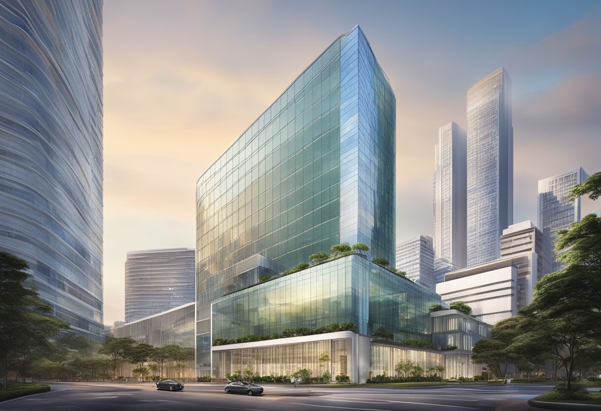 The modern facade of Raffles Hospital in Singapore stands tall against the city skyline, with its sleek glass exterior and striking architectural design