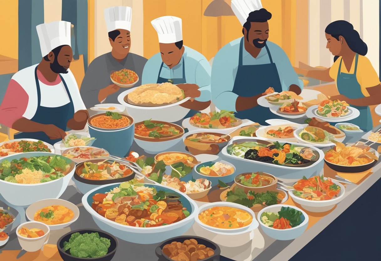 A bustling buffet spread with diverse cuisines from around the world, diners helping themselves to a variety of dishes