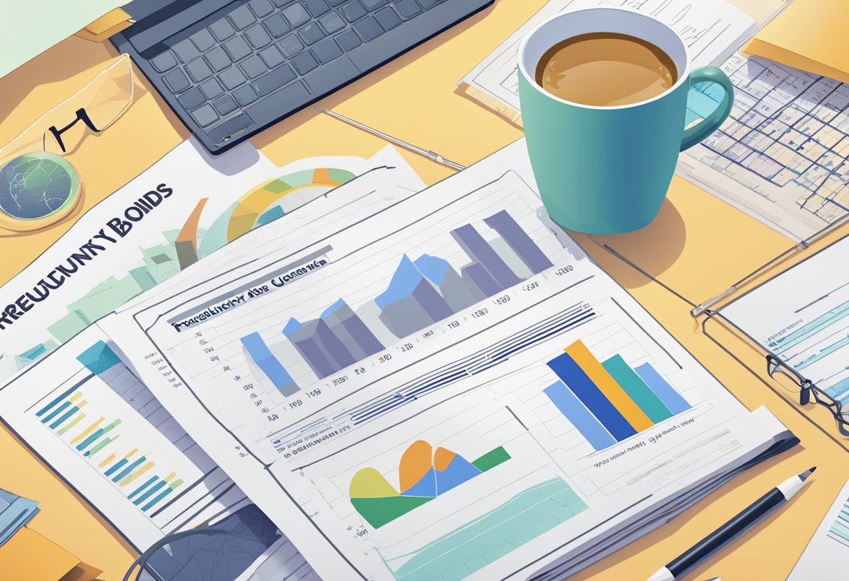 A stack of FAQ documents on Singapore bonds, with a prominent "Frequently Asked Questions" heading, surrounded by financial charts and graphs