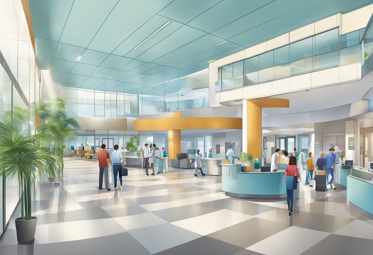 A bustling hospital lobby with various departments and services, including reception desks, waiting areas, and signage