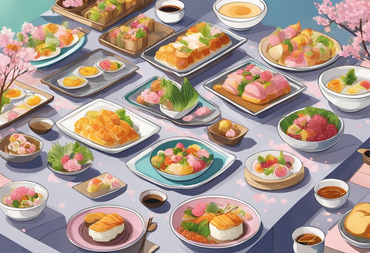 A table adorned with colorful dishes and cherry blossom decorations at Sakura Buffet Singapore